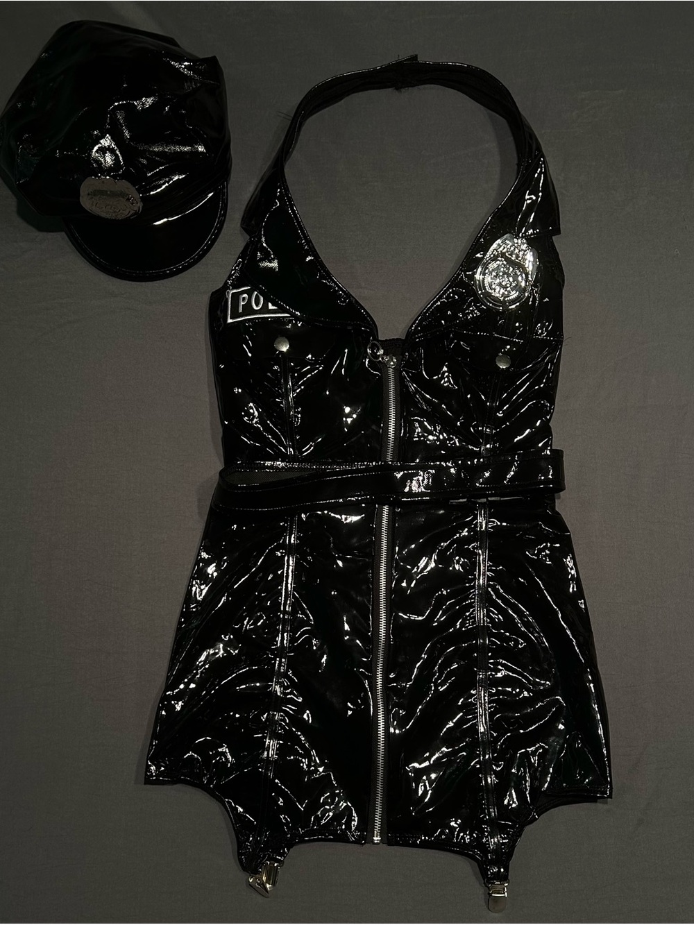 ❌SOLD❌Spirit Halloween Patent Leather Black Cop Costume Dress & Hat